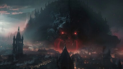 Obraz premium Illustration A giant dark creature appears in the middle of the city. Ai generated