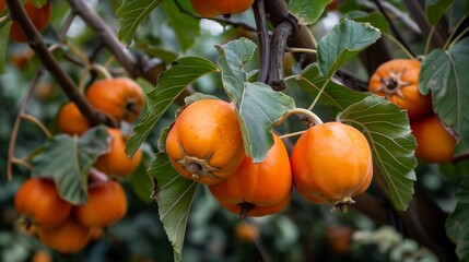 Ripe persimmon fruits on tree vibrant orange harvest