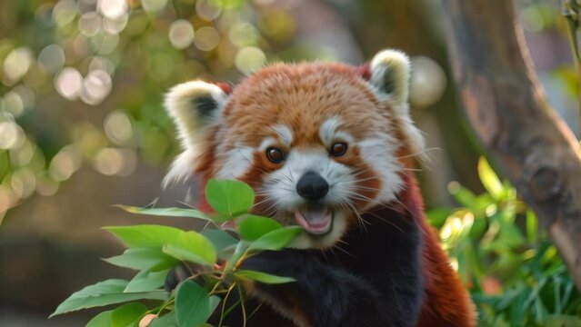 A red panda is actively eating bamboo in its zoo habitat, An adorable red panda munching on bamboo