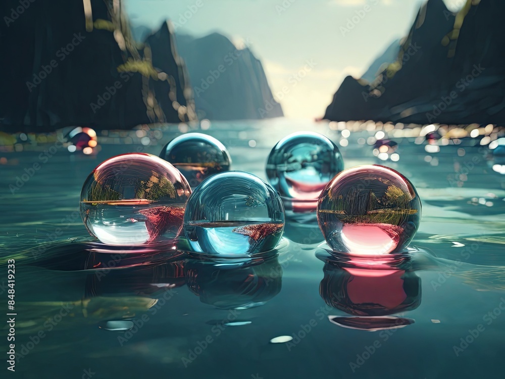 Poster a group of glass orbs float on a calm body of water, reflecting the surrounding landscape. the orbs 
