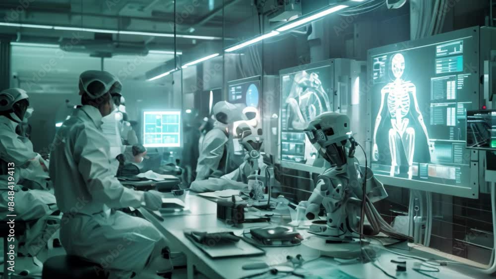 Poster multiple individuals seated at a table in a high-tech laboratory setting, an advanced laboratory fil