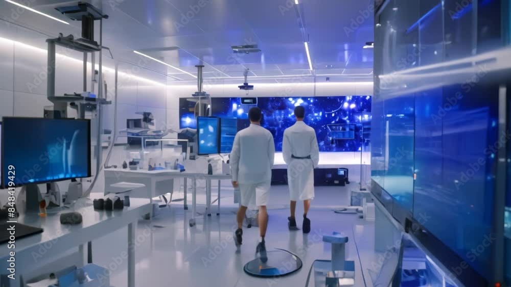 Poster a room filled with computers and robots in an advanced laboratory setting, an advanced laboratory fi