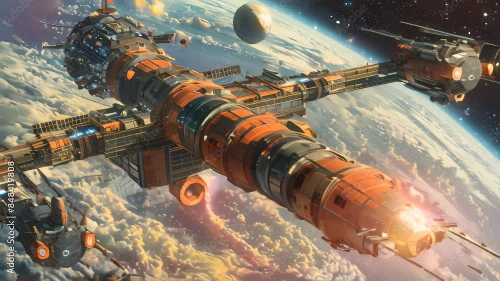 Poster artist rendering of an advanced space station floating in outer space, orbiting a distant planet, an