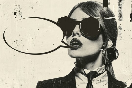 A black and white collage of a vintage woman in a suit smiling with her mouth open, with a large empty speech bubble above her head,