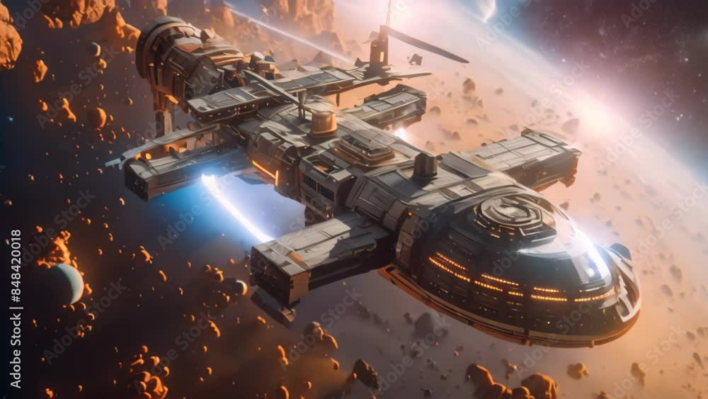 Poster an advanced space station is positioned in the center of a distant planet, showcasing futuristic tec