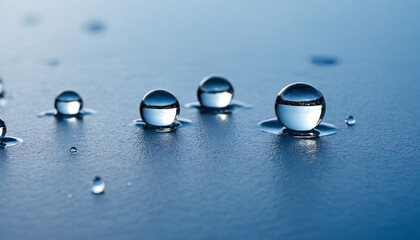 A close-up shot of several water droplets on a blue surface. The droplets are round and reflective, with a light blue background
