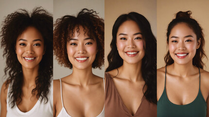 Fototapeta premium Collage of four different women smiling, women from various age and race, multicultural beauty. Diversity, inclusion, equality within one single grid of faces
