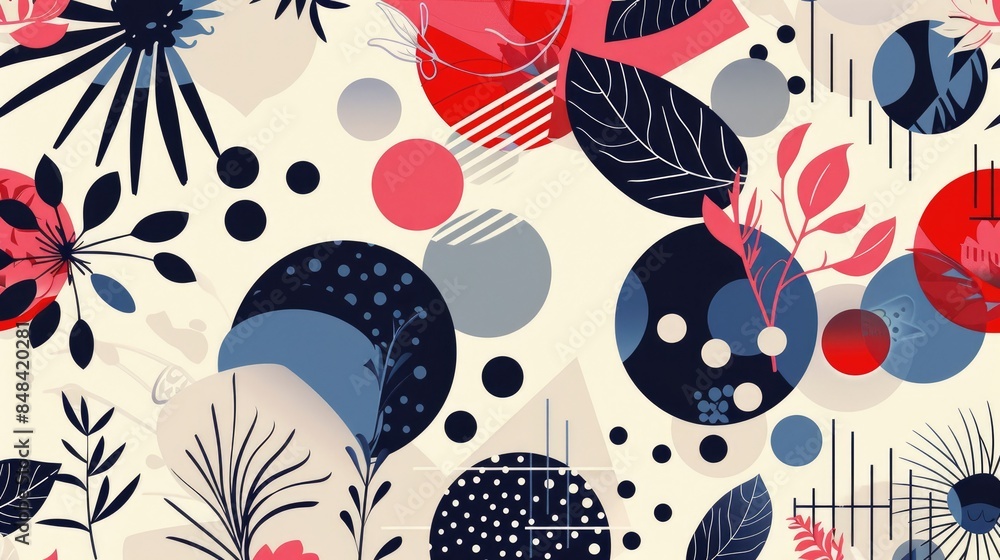 Poster collection of abstract geometric shapes and floral elements in a seamless patterned backdrop