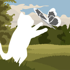 A white cat plays with a butterfly in the garden. The illustration is made in calm pastel colors. The picture conveys joy, playfulness, and pleasure.