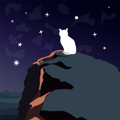 A cat sits on top of a hill and looks at the starry sky. The illustration is made in cold and dark colors. The picture conveys peace, dreams, loneliness.