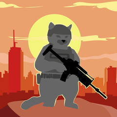 A cat in a military uniform stands in front of a city. The illustration is made in warm colors. The picture conveys power, protection, resilience, pride, grandeur, and coolness.