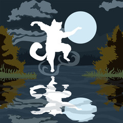 Cat, a kung fu master, meditates and flies over a lake on a moonlit night. The illustration is made in dark and cold tones. Conveys calmness, meditation, restraint, mastery, admiration.