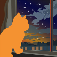 A cat on the windowsill looks at the night starry sky. The illustration is made mainly in warm and dark tones. The picture conveys surprise, delight, and joy.