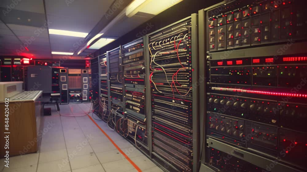 Poster a room packed with various electronic devices and equipment, wires connecting the machines, an advan