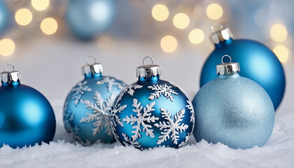 Blue Christmas ornaments with snowflake designs are displayed on a snowy surface with blurred string lights in the background