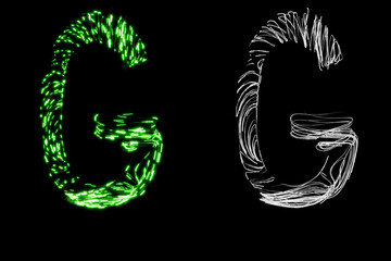 Letter G made of many thin transparent tubes with green neon light lines inside with clipping mask, 3d rendering