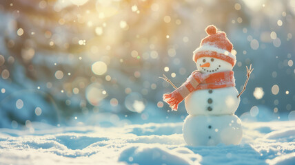 Winter holiday christmas background banner with cute funny laughing snowman with wool hat and scarf, on snowy snow snowscape and bokeh light