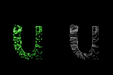 Small letter u made of many thin transparent tubes with green neon light lines inside with clipping mask, 3d rendering © Conny Crane