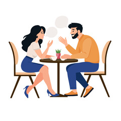 Young couple talking together. People communicating in cafe.  People conversation with speech bubbles. Flat vector illustration isolated on white