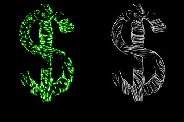 Dollar sign made of many thin transparent tubes with green neon light lines inside with clipping mask, 3d rendering