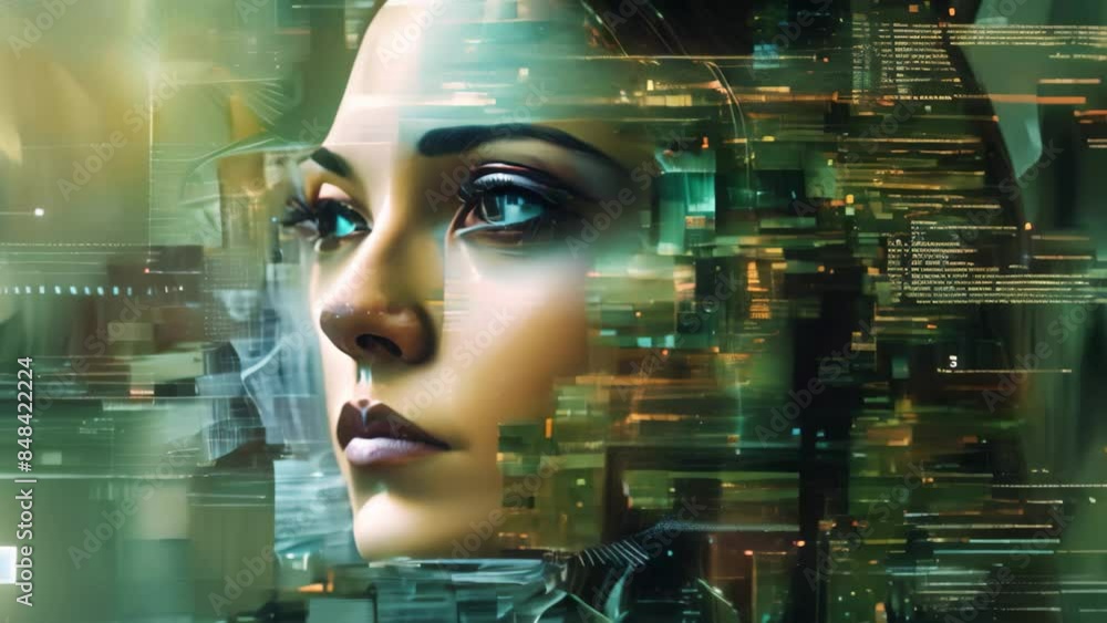 Poster a digital depiction of a womans face is the focus of this artwork, an ai art generator creating visu