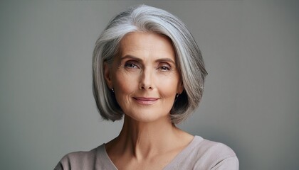 Fototapeta premium mature woman with grey hair over grey background