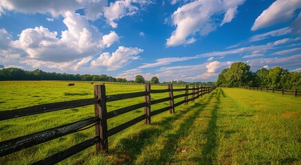 Fototapeta premium A Wooden Fence Lines a Green Pasture on a Sunny Day
