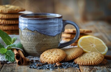 A Cup of Tea With Cookies and Lemon Slice on a Wooden Table