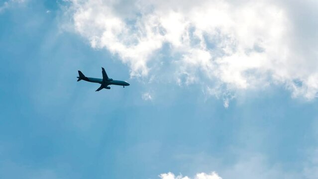 the plane comes in for landing in the blue sky among the clouds