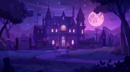 Modern twilight dark purple scene with kingdom palace, glowing windows and gates in a nighttime...