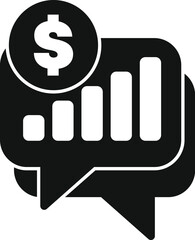 Black and white icon of a chat bubble with a growing chart and a dollar sign, representing financial discussion and growth