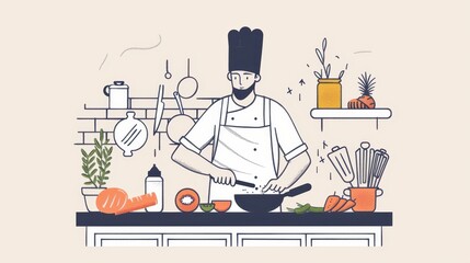 chef cooking food in kitchen with vegetables and other ingredients