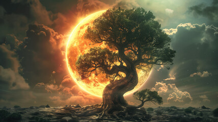 Ying yang concept of balance Yggdrasil tree of life norse mythology. Balance concept. Generative ai