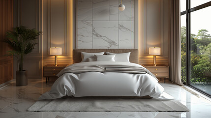 Luxurious elegant bedroom with modern interior design and stylish materials