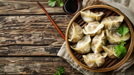 Fototapeta premium Freshly Boiled Dumplings Traditional Chinese Cuisine on Vintage Wooden Surface