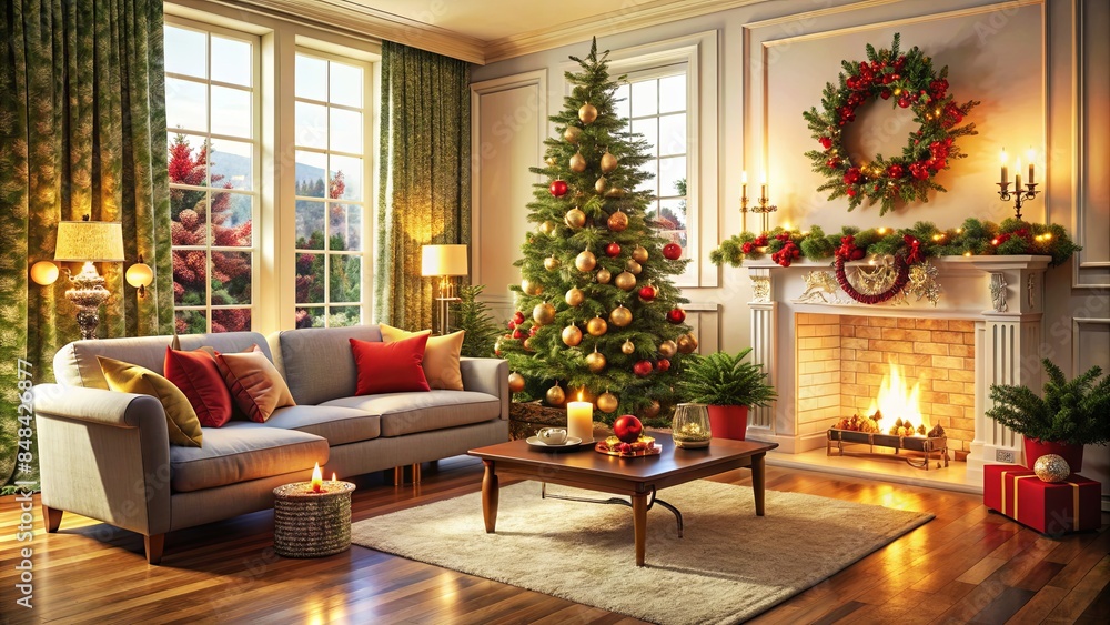 Wall mural Cozy Christmas living room scene with fireplace, adorned with festive decorations and twinkling lights. A cosily setting for family gatherings during the holiday season - Wall murals