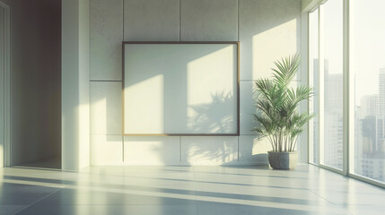 mockup, modern, and minimalist living room with a large blank frame on the wall and a potted plant by a bright window, the urban backdrop visible, in a serene and peaceful ambiance  