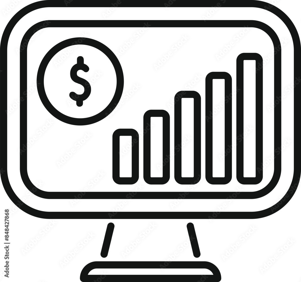 Poster simple line icon representing positive financial results on a computer screen