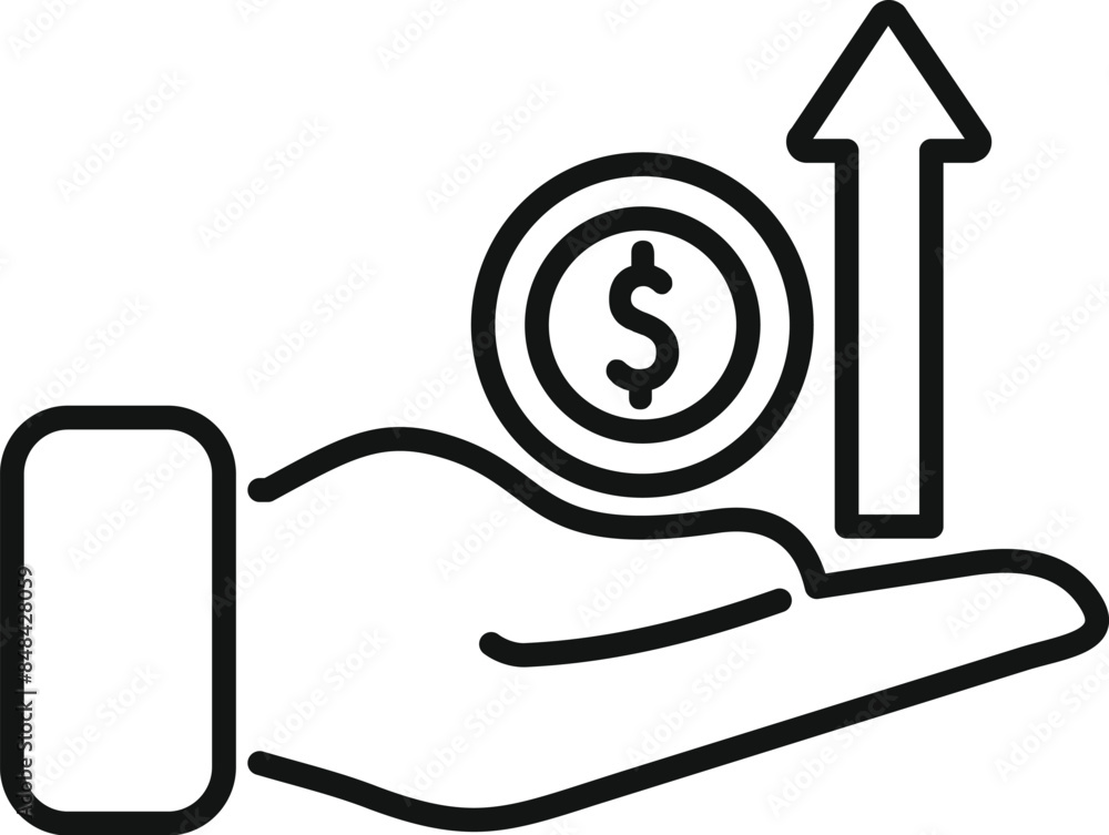 Poster line drawing of a hand holding a coin with a dollar sign and an arrow pointing up, representing econ