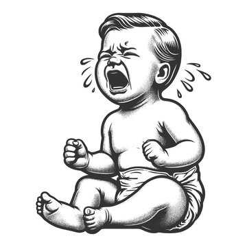 recommend clip art: intense emotion of a crying baby, with detailed expression and classic styling sketch engraving generative ai fictional character vector illustration. Scratch board imitation. Black and white image.