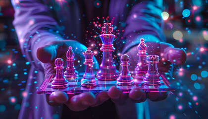 Businessman holding neon chess board game on his hand. Strategy, growth business, economy, finance and success concept