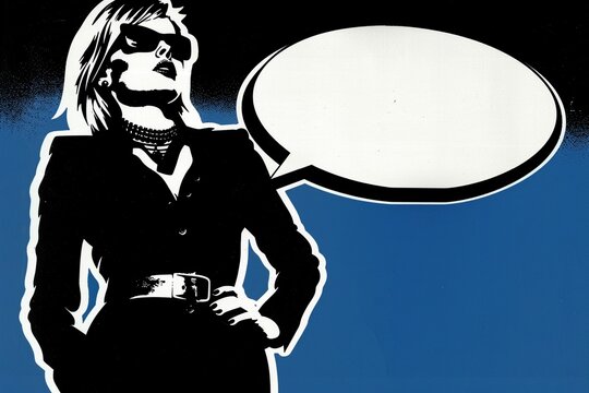 A black and white comic book panel of a woman in a black suit with long blonde hair wearing sunglasses. A large speech bubble is on top against a blue background