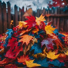 autumn leaves, A bunch of maple leaves is lying on the ground in a scattered pattern. The leaves are vibrant in color and have distinct textures, enhancing the beauty of the plants,