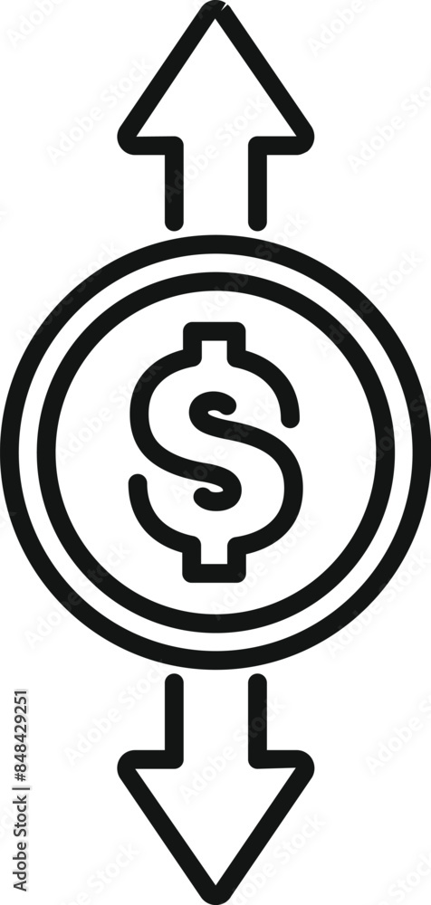 Poster line art icon of a dollar coin with one arrow pointing up and one arrow pointing down symbolizing ma
