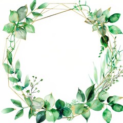 Watercolor gold and green geometric wreath frame 