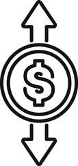 Line art icon of a dollar coin with one arrow pointing up and one arrow pointing down symbolizing market volatility