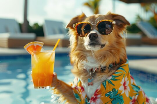 a dog wearing sunglasses and a shirt holding up a drink