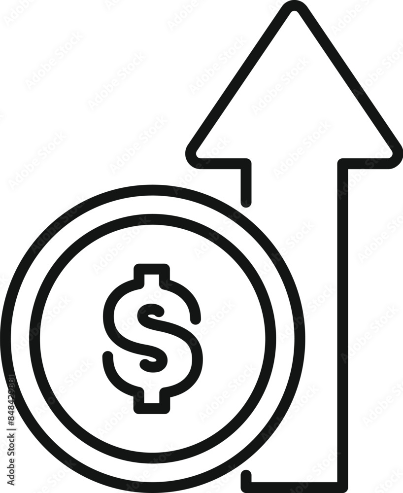 Poster line art style icon of a dollar coin increasing its value, represented by an up arrow