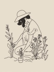 woman in hat and hat working in the garden
