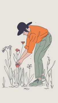a woman in an shirt is picking flowers